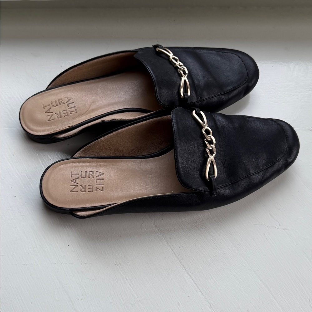 Naturalizer Black Mules with Gold Chain Detail